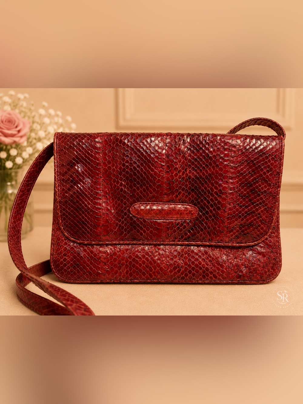 VTG Tomato Snakeskin Convertible Clutch Shoulder Bag Genuine Exotic Leather